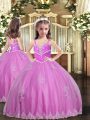 Lilac Tulle Lace Up Little Girls Pageant Dress Wholesale Sleeveless Floor Length Appliques