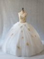 Glittering White Tulle Lace Up Sweetheart Sleeveless Ball Gown Prom Dress Brush Train Appliques