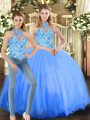 Sleeveless Tulle Floor Length Lace Up Quinceanera Dresses in Blue with Embroidery
