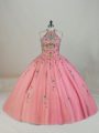 Discount Halter Top Sleeveless 15 Quinceanera Dress Brush Train Appliques and Embroidery Pink Tulle