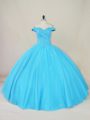 Affordable Off The Shoulder Sleeveless Ball Gown Prom Dress Floor Length Beading Blue Tulle