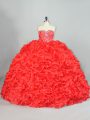 Red Lace Up Sweetheart Beading and Ruffles Sweet 16 Quinceanera Dress Organza Sleeveless Brush Train