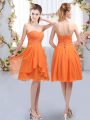 Colorful Orange Chiffon Lace Up Bridesmaid Dresses Sleeveless Knee Length Ruffles and Ruching