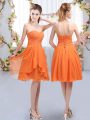 Colorful Orange Chiffon Lace Up Bridesmaid Dresses Sleeveless Knee Length Ruffles and Ruching