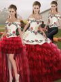 Gorgeous Wine Red Sleeveless Floor Length Embroidery and Ruffled Layers Lace Up Vestidos de Quinceanera