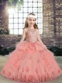 Watermelon Red Ball Gowns Tulle Scoop Sleeveless Beading and Appliques Floor Length Lace Up Little Girls Pageant Dress Wholesale