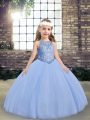 Light Blue Lace Up Little Girl Pageant Gowns Beading Sleeveless Floor Length