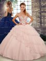 Custom Fit Peach Sleeveless Beading and Ruffled Layers Lace Up Quinceanera Dresses