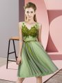 Yellow Green Tulle Lace Up V-neck Sleeveless Knee Length Damas Dress Appliques