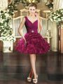 Ball Gowns Homecoming Dress Burgundy V-neck Organza Sleeveless Mini Length Backless