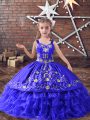 Cheap Blue Straps Neckline Embroidery and Ruffled Layers Child Pageant Dress Sleeveless Lace Up