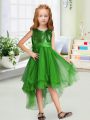 Customized Sleeveless Organza High Low Zipper Flower Girl Dresses for Less in Green with Sequins and Bowknot