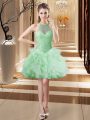 Shining Halter Top Sleeveless Homecoming Dress Mini Length Beading and Ruffles Apple Green Tulle