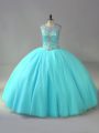 Amazing Aqua Blue Ball Gowns Scoop Sleeveless Organza Lace Up Beading 15th Birthday Dress