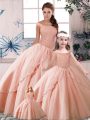 Spectacular Tulle Sleeveless Quince Ball Gowns Brush Train and Beading