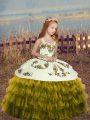 Sleeveless Organza Floor Length Lace Up Little Girl Pageant Gowns in Olive Green with Embroidery and Ruffles