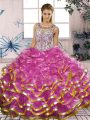 Custom Fit Sleeveless Organza Floor Length Lace Up Quinceanera Dress in Fuchsia with Beading and Ruffles