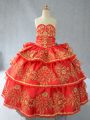Attractive Red Ball Gowns Satin Sweetheart Sleeveless Embroidery and Ruffled Layers Floor Length Lace Up Little Girl Pageant Gowns