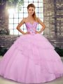 Sleeveless Beading and Ruffled Layers Lace Up Quinceanera Gown with Lilac Brush Train