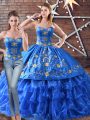 Blue Ball Gowns Embroidery 15 Quinceanera Dress Lace Up Organza Sleeveless Floor Length