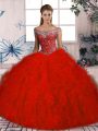 Off The Shoulder Sleeveless Tulle 15 Quinceanera Dress Beading and Ruffles Brush Train Lace Up