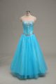 Amazing Sleeveless Tulle Floor Length Lace Up Prom Gown in Aqua Blue with Beading