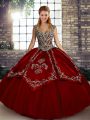 Floor Length Wine Red Sweet 16 Dress Tulle Sleeveless Beading and Embroidery
