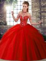 Customized Red Tulle Lace Up Halter Top Sleeveless Ball Gown Prom Dress Brush Train Beading and Pick Ups
