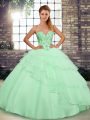 Dramatic Apple Green Tulle Lace Up Sweetheart Sleeveless Quinceanera Dresses Brush Train Beading and Ruffled Layers