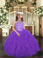 Purple Tulle Lace Up Girls Pageant Dresses Sleeveless Floor Length Beading and Ruffles