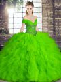 Sleeveless Floor Length Beading and Ruffles Lace Up Quinceanera Dress with Green