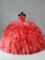 Fantastic Coral Red Sleeveless Organza Brush Train Zipper Quinceanera Gown for Sweet 16 and Quinceanera