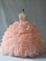 Peach Organza Lace Up Quinceanera Dresses Sleeveless Floor Length Beading and Ruffles
