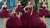 Luxury Burgundy Tulle Lace Up Scoop Sleeveless Quinceanera Dresses Brush Train Beading and Ruffles