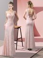 Baby Pink Criss Cross One Shoulder Beading and Lace Prom Gown Lace Sleeveless