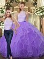 Floor Length Backless 15th Birthday Dress Lavender for Military Ball and Sweet 16 and Quinceanera with Ruffles