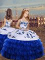 Excellent Organza Straps Sleeveless Lace Up Embroidery and Ruffled Layers Little Girl Pageant Dress in Royal Blue