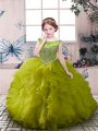 Olive Green Organza Zipper Pageant Dress for Womens Sleeveless Floor Length Beading and Ruffles