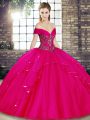 Affordable Sleeveless Tulle Floor Length Lace Up Quinceanera Dresses in Fuchsia with Beading and Ruffles