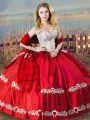 Red Ball Gowns Beading and Embroidery Quinceanera Dresses Lace Up Satin Sleeveless Floor Length