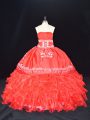 Red Strapless Lace Up Embroidery and Ruffles Quinceanera Dress Sleeveless