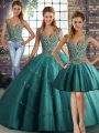 Elegant Sleeveless Floor Length Beading and Appliques Lace Up Quinceanera Dress with Teal