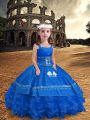 Floor Length Blue Little Girl Pageant Dress Satin and Organza Sleeveless Embroidery and Ruffled Layers
