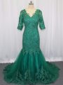 Exquisite Green Mermaid Lace and Appliques Prom Dress Lace Up Tulle Half Sleeves