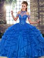 Fantastic Sleeveless Tulle Floor Length Lace Up Sweet 16 Dresses in Royal Blue with Beading and Ruffles