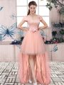 Pink Lace Up Prom Dresses Lace and Hand Made Flower Short Sleeves High Low