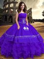 Discount Sleeveless Floor Length Embroidery and Ruffles Lace Up Sweet 16 Quinceanera Dress with Purple