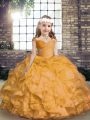 Exquisite Floor Length Lace Up Pageant Dress for Womens Gold for Party and Wedding Party with Beading and Ruffles