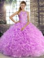 Nice Lilac Ball Gowns Beading Sweet 16 Dresses Lace Up Fabric With Rolling Flowers Sleeveless Floor Length