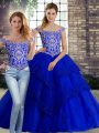 Hot Selling Royal Blue Sleeveless Brush Train Beading and Lace Quinceanera Dress
